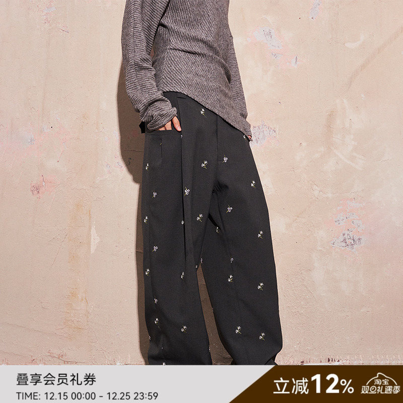 SAME FLOW 百搭四季童趣刺绣设计感挺括有型休闲阔腿直筒情侣西裤