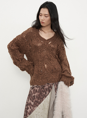 SAMEFLOW 原创纯手工钩织棕咖高级复古感慵懒套头毛衣女冬季上衣