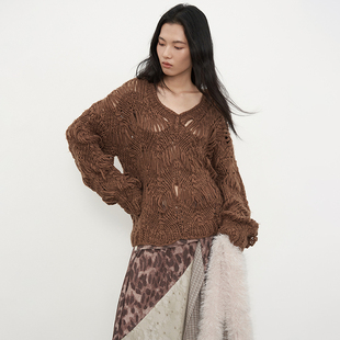 SAMEFLOW 上衣 原创纯手工钩织棕咖高级复古感慵懒套头毛衣女冬季
