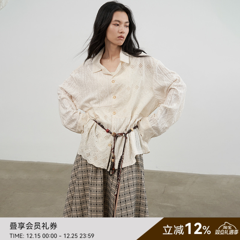 SAME FLOW 文艺风针织蕾丝拼接镂空蕾丝宽松薄款透气长袖衬衫上衣