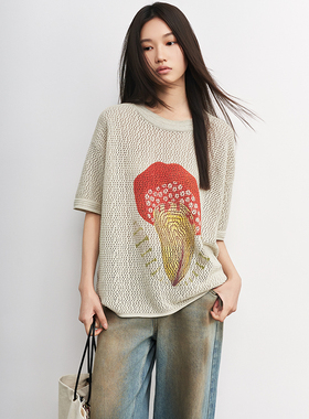 SAME FLOW 蘑菇幻想图案早秋短袖镂空罩衫T恤女显瘦宽松上衣男