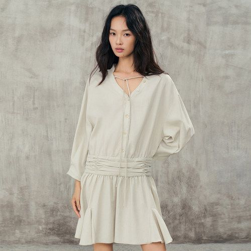 sameflow莱赛尔连衣裙女V领系带