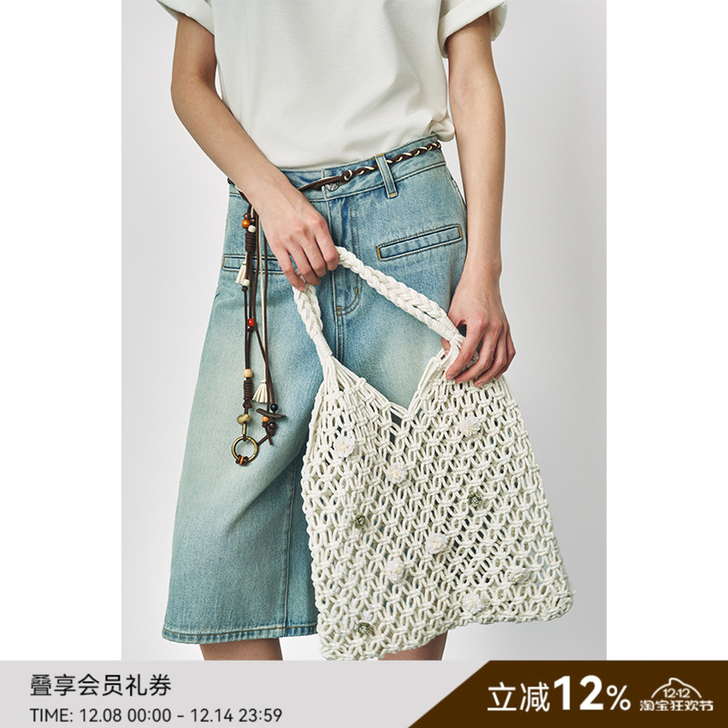 SAME FLOW 夏季海边度假风身小巧容量巨大手提花朵镂空编织单肩包