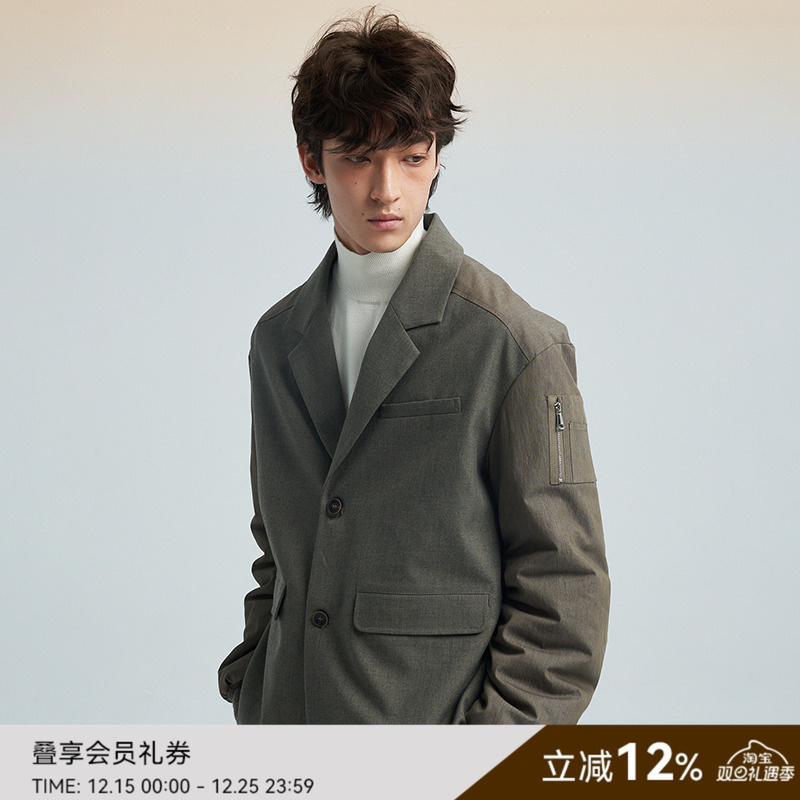 SAME FLOW  秋冬新款松叶绿西装领呢夹克2025百搭休闲拼色西装