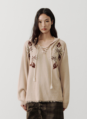 SAME FLOW“野蕨与荒原”连帽套头针织上衣女早秋花朵刺绣毛衣