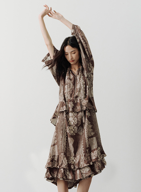 SAME FLOW 度假风连衣裙早秋印花咖色亚麻法式慵懒松弛感穿搭裙子