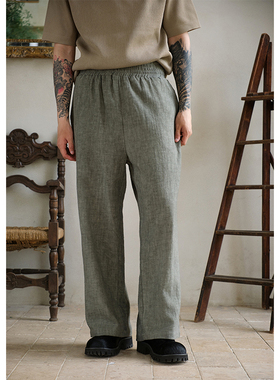 SAME FLOW 日系复古色织苎麻松紧腰阔腿西装裤夏季高腰直筒休闲裤