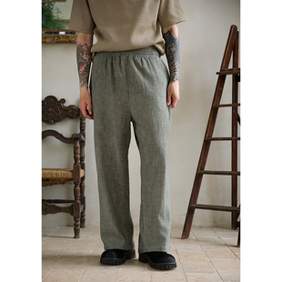 FLOW 高腰直筒休闲裤 日系复古色织苎麻松紧腰阔腿西装 夏季 裤 SAME