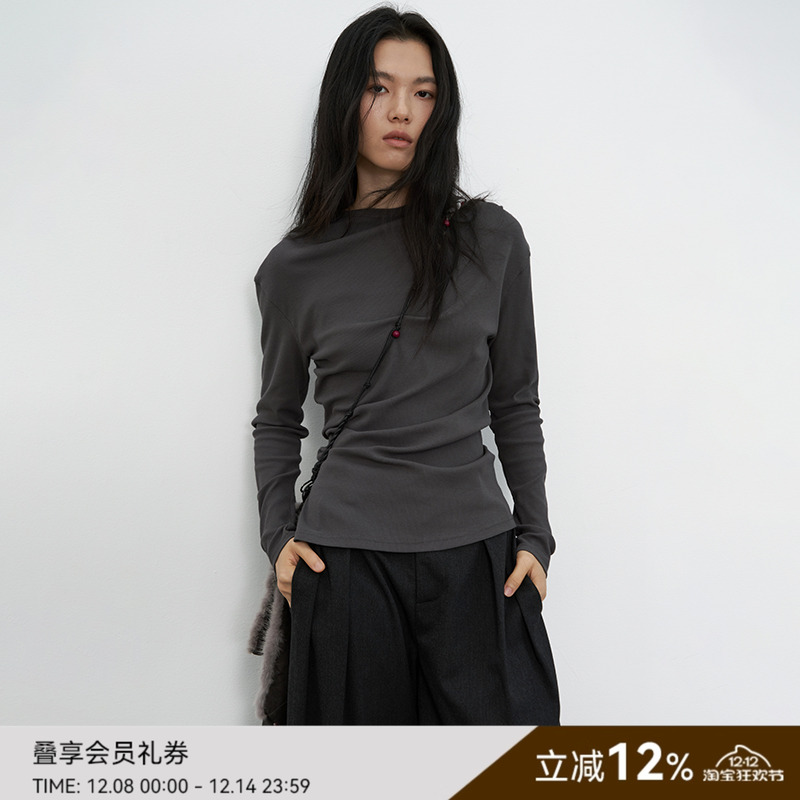 SAMEFLOW 半高领针织打底衫女秋季高弹力不规则褶皱层次内搭上衣