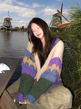 SAMEFLOW X Babeei张张 彩色羊毛毛衣开衫泡泡袖短款拼接撞色设计