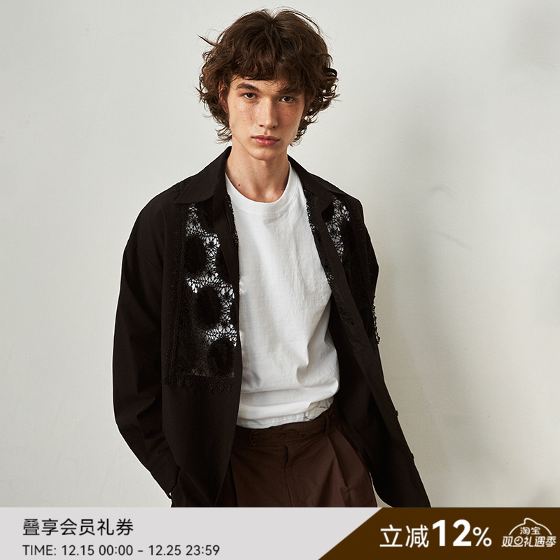 SAME FLOW  秋季情侣百搭衬衫宽松百搭薄款透气波点蕾丝长袖开衫