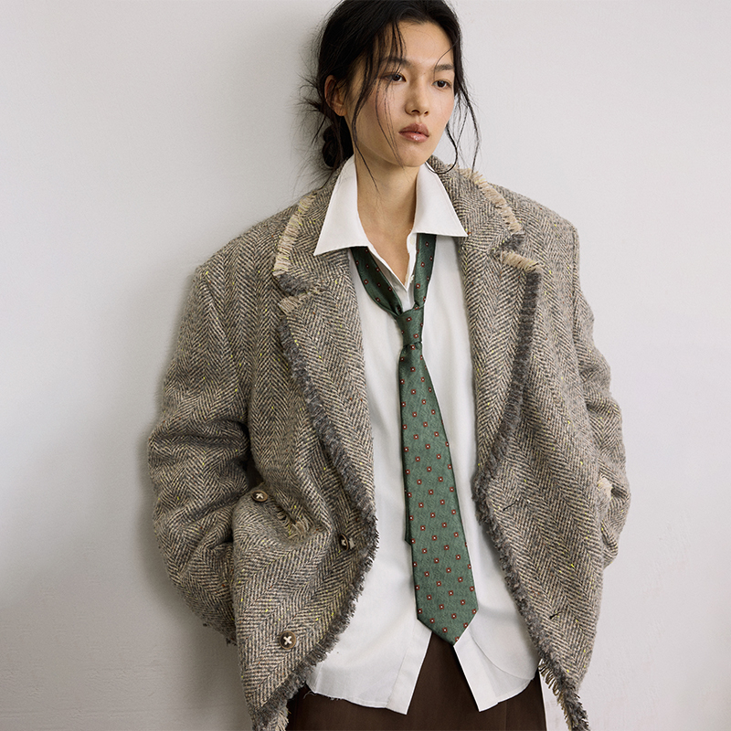 SAMEFLOW 英伦格调毛边设计复古做旧粗花呢厚实挺括经典百搭棉服