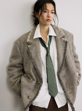 SAMEFLOW 英伦格调毛边设计复古做旧粗花呢厚实挺括经典百搭棉服