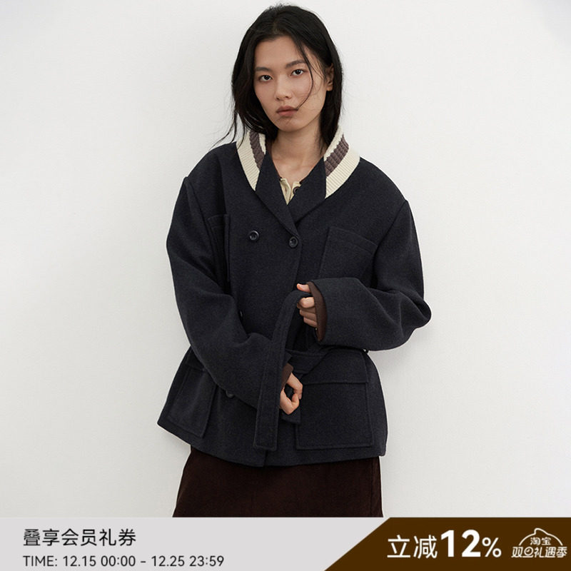 SAMEFLOW 复古拼领羊毛混纺宽松慵懒冬季夹克外套女短款毛呢大衣