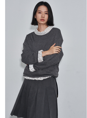 SAME FLOW 假两件领口条纹拼接叠穿小众高级感套头宽松内搭毛衣