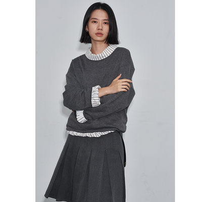 SAME FLOW 假两件领口条纹拼接叠穿小众高级感套头宽松内搭毛衣