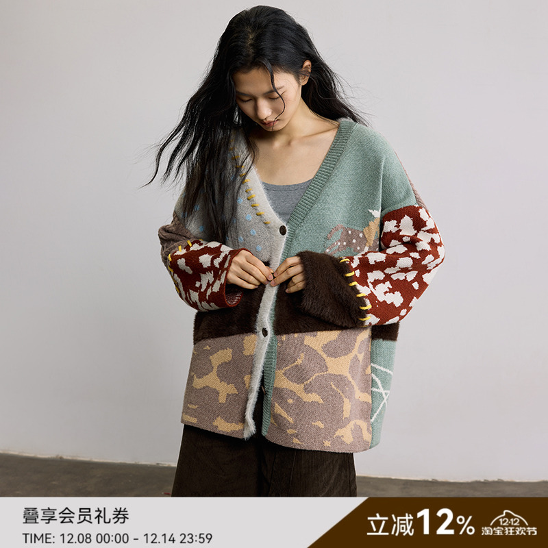 SAMEFLOW “以梦为马”羊毛混纺毛衣女冬季慵懒风复古开衫外套