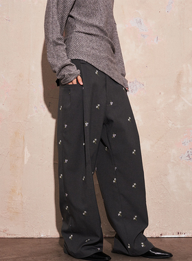 SAME FLOW 百搭四季童趣刺绣设计感挺括有型休闲阔腿直筒情侣西裤