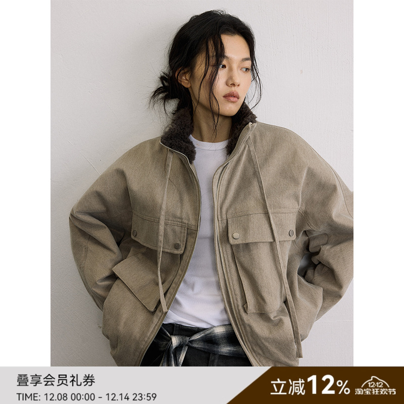 SAMEFLOW 立领羊毛棉服女秋冬大口袋工装风时尚御寒保暖短外套