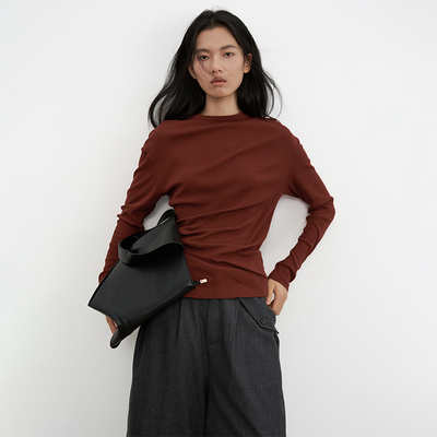 SAMEFLOW 半高领针织打底衫女春季高弹力不规则褶皱层次内搭上衣