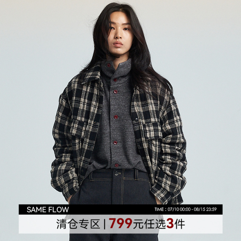 SAME FLOW 冬季保暖御寒轻便舒适四合扣泡泡黑格白90白鸭绒羽绒服