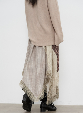 SAMEFLOW 蕾丝拼接不规则法式绣花设计缎面印花半裙女秋季A字长裙