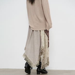 A字长裙 绣花设计缎面印花半裙女秋季 SAMEFLOW 蕾丝拼接不规则法式