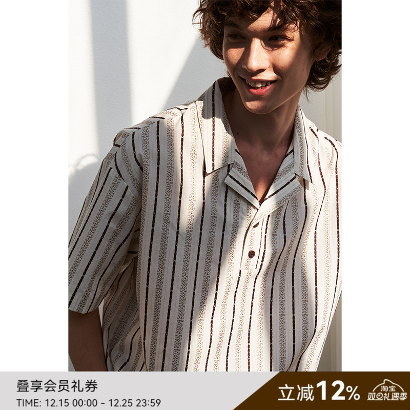 SAME FLOW 复古宽松随性条纹古巴POLO翻领短袖休闲衬衫上衣情侣款