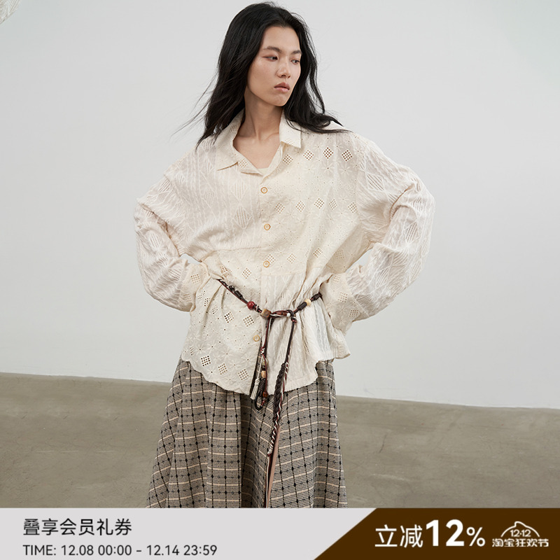 SAME FLOW 文艺风针织蕾丝拼接镂空蕾丝宽松薄款透气长袖衬衫上衣