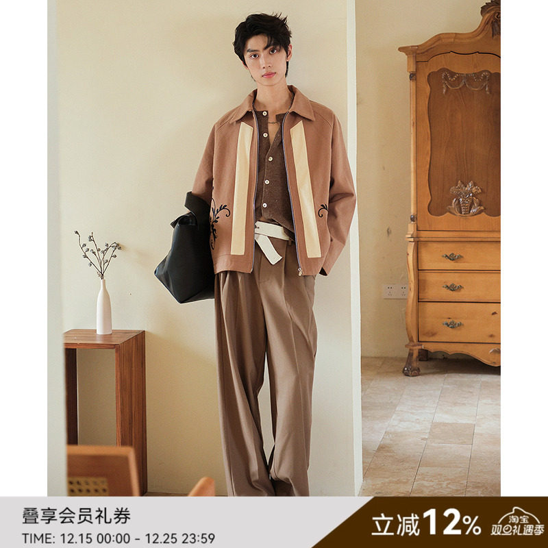 SAME FLOW 小众设计高级感上衣2025秋新品双绣花拼接翻领夹克外套