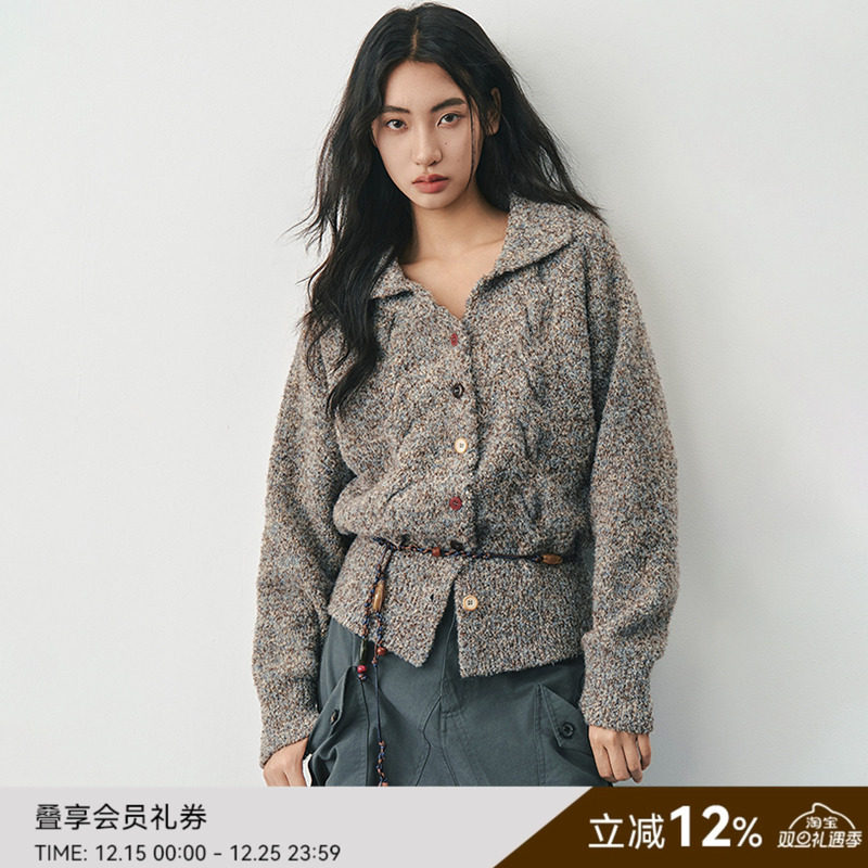 SAMEFLOW 复古翻领宽松圈圈纱毛衣宽松慵懒高级感女冬季开衫外套