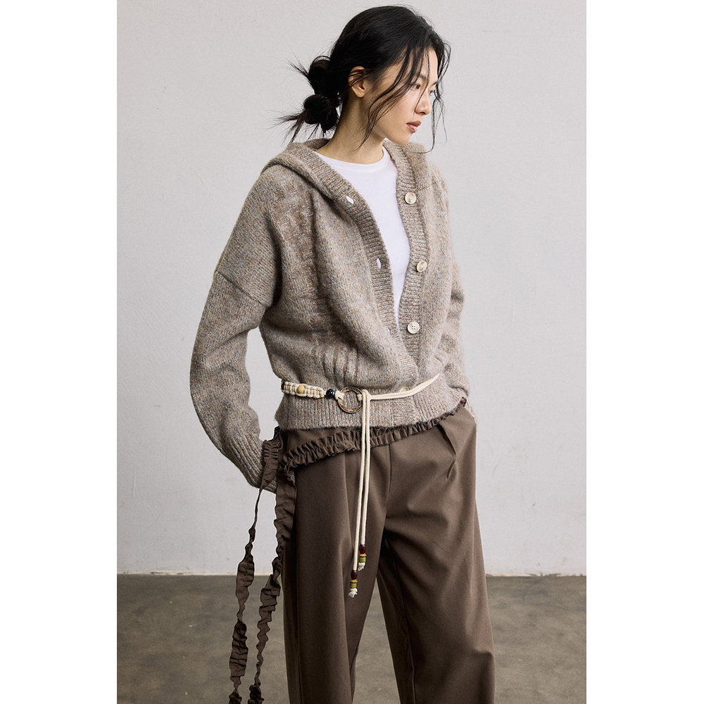 SAMEFLOW 糯绒毛衣外套女秋冬短款宽松灰色休闲连帽针织开衫上衣