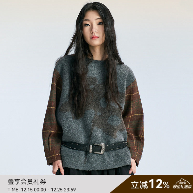 SAME FLOW 中古设计提花感格纹针织拼接质感套头宽松内搭保暖毛衣