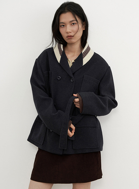 SAMEFLOW 复古拼领羊毛混纺宽松慵懒冬季夹克外套女短款毛呢大衣