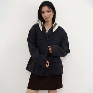 毛呢大衣 夹克外套女短款 SAMEFLOW 复古拼领羊毛混纺宽松慵懒冬季