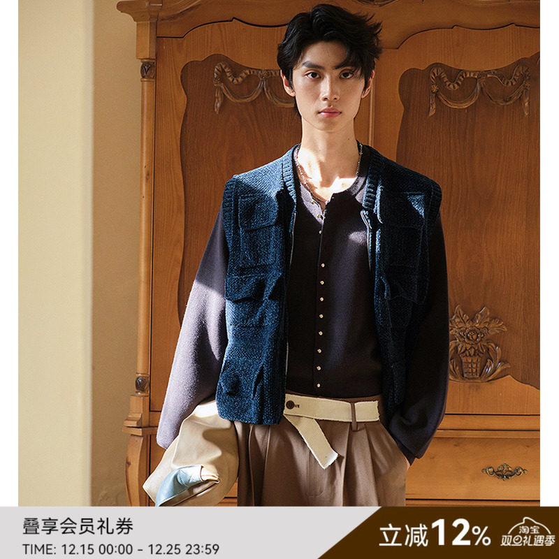 SAME FLOW 无袖坎肩开衫针织外套秋季复古高级多口袋设计马甲背心