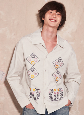 SAME FLOW 初秋小众设计风对称绣花经典方领双色渐变长袖情侣衬衫