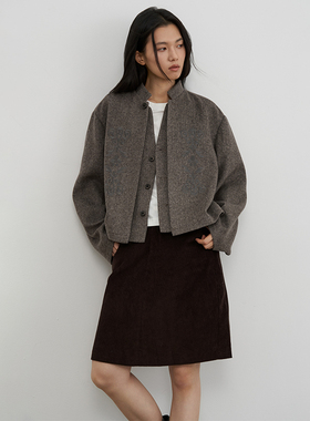 SAME FLOW 立领宽松开衫毛呢短外套女绣花羊毛休闲百搭夹克上衣