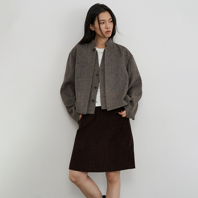 SAME FLOW 立领宽松开衫毛呢短外套女绣花羊毛休闲百搭夹克上衣