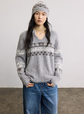 SAMEFLOW 冬季费尔岛雪花提花V领慵懒风松弛感短款休闲毛衣上衣