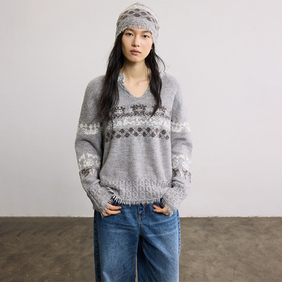SAMEFLOW 冬季费尔岛雪花提花V领慵懒风松弛感短款休闲毛衣上衣