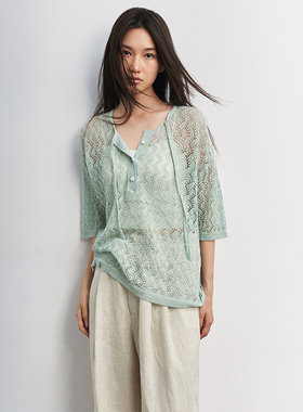 SAME FLOW  薄荷绿清新夏日波浪纹镂空轻薄透气绑带polo罩衫上衣