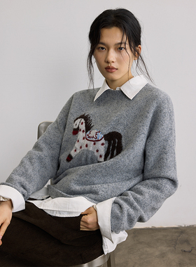 SAMEFLOW  马年限定嵌花羊毛毛衣复古感女秋冬童趣慵懒针织上衣女