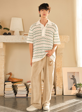 SAME FLOW 设计感白绿条纹镂空polo领短袖针织T恤夏季宽松上衣