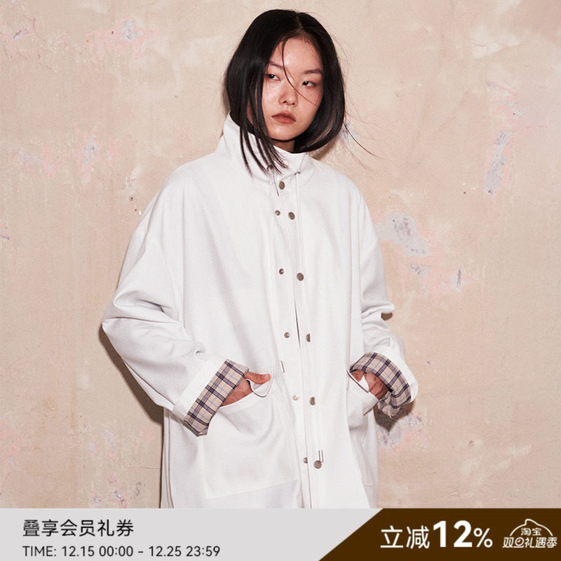 SAME FLOW 情侣款复古格纹拼接撞色立领设计廓形宽松大贴袋外套