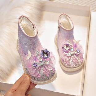 冬天新款儿童水晶艾莎公主鞋加绒皮靴棉靴靴子冬季女童小女孩靴卡