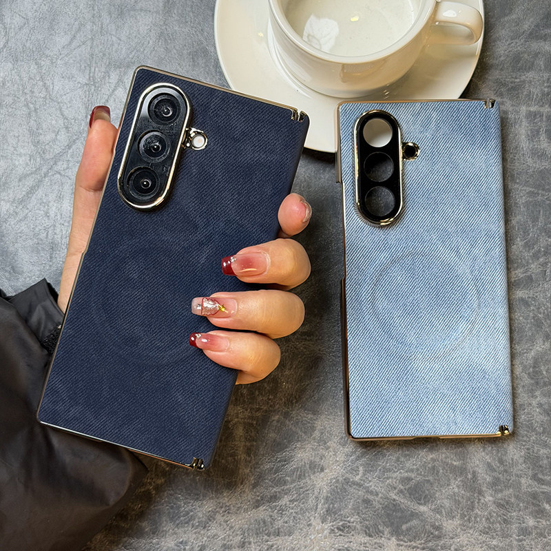 高级磁吸牛仔纹适用三星zfold7手机壳电镀边框galaxy fold7折叠屏保护套创意双中轴三星W26高档磁吸布纹