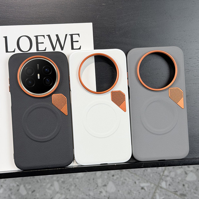 高级五金散热适用华为mate70air手机壳皮纹mate70AIR保护套防摔磁吸充电mate70pro创意橙色镜头散热设计