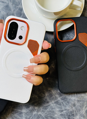 高级五金散热适用一加13t手机壳皮纹oneplus 13t保护套防摔磁吸充电一加13T创意橙色镜头散热设计