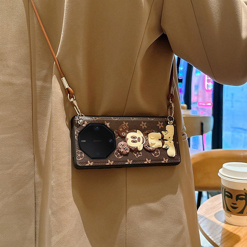 复古老花米奇适用华为mate60rs非凡大师手机壳皮纹50RS保护套mate40保时捷全包防摔女款斜挎背带挂绳mate70rs